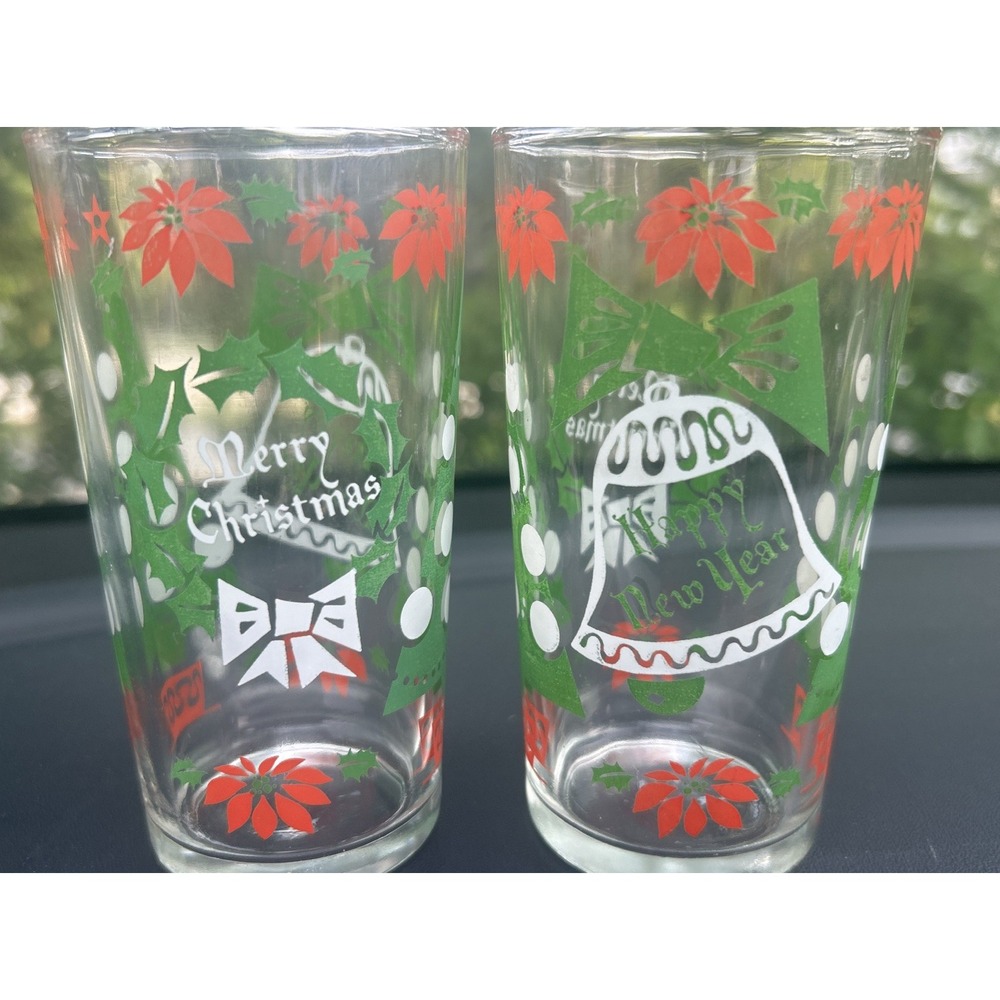 Vtg Set of 2 Continental Can MCM Christmas Holiday Glasses Wreath Poinsettia C - Picture 2 of 16
